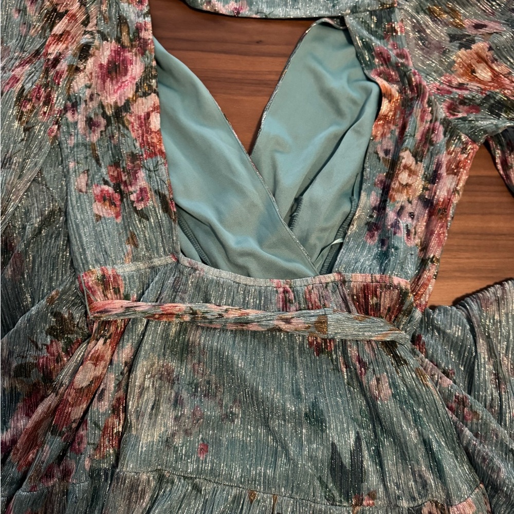 Eliza J Teal Floral Maxi Gown with V-Neck- Size 10 - Picture 4 of 4